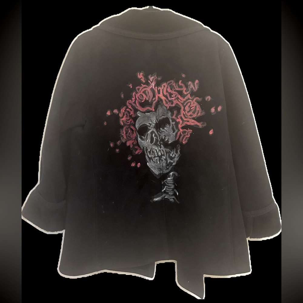 Grateful Dead Skull Hand Painted Lined Faux Suede Coat | Size L | Black/Multi